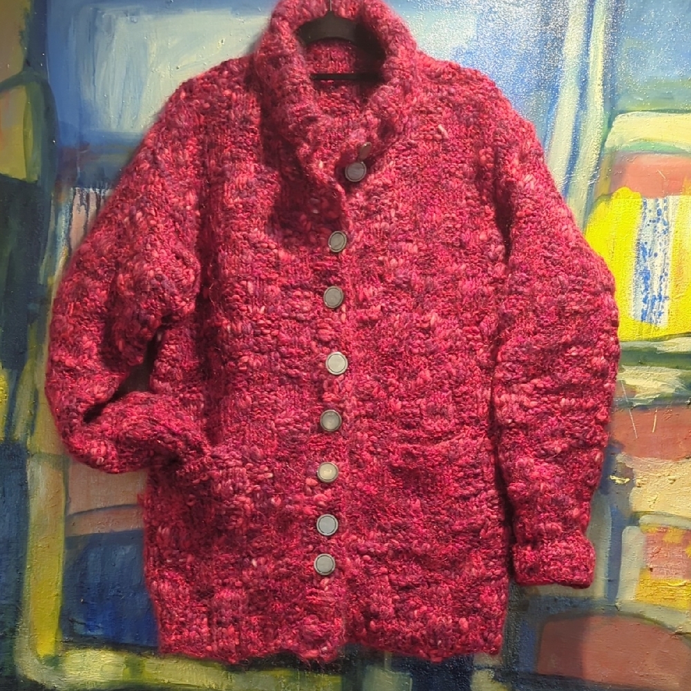 Vintage Heavy Wool Knit Cardigan Knitted Checkered Pattern-Slight Shimmer Thread